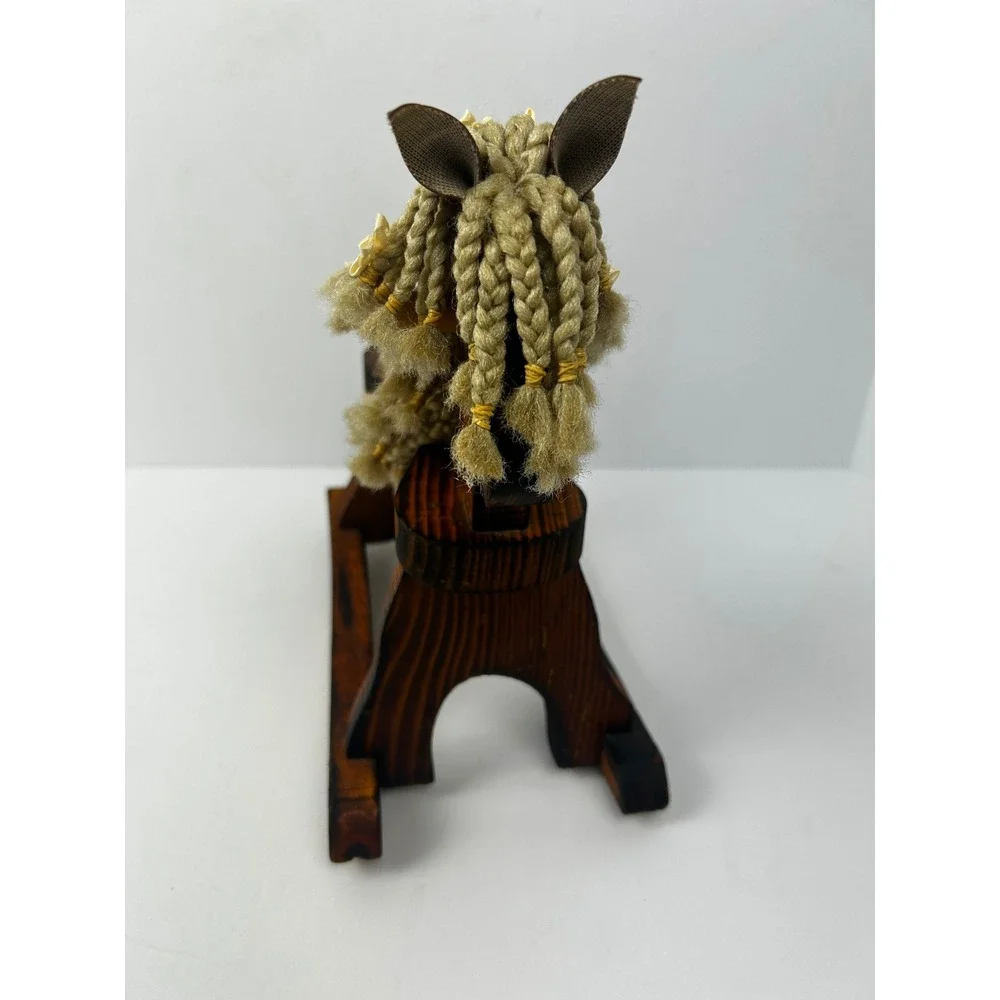 Vintage Handcrafted Wooden Rocking Horse Figurine Braided Yarn Mane Flowers